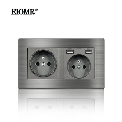 EIOMR Frankreich Standard-Steckdose, graue Aluminiumlegierung, Lichtschalter, RJ45, Fernseher, 220 V, 16 A, Wandsteckdosen für Haushaltsgeräte