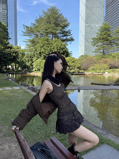 Lautaro Spring Summer Cool Washed Distressed Soft Pu Leather Mini Pleated Skirt Women High Waist Belt Luxury Designer Clothes.