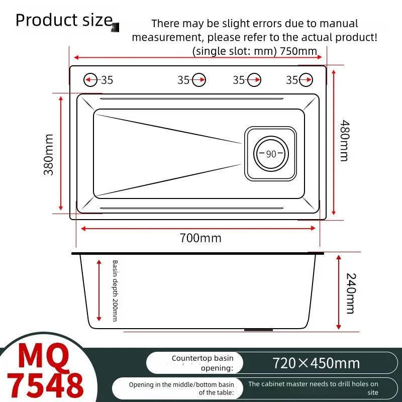 316L Stainless Steel Food Grade Large Single Slot Corrosion Resistant Household Kitchen Sink Wash Dish and Vegetable Basin
