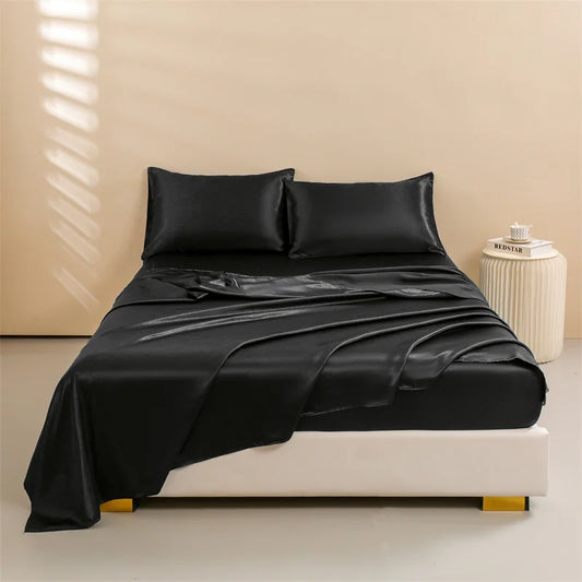 Satin Bed Sheets, Queen Size Sheets Set, 4 Pcs Silky Bedding Set   1 Deep Pocket Fitted Sheet + 1 Flat Sheet + 2 Pillowcases.
