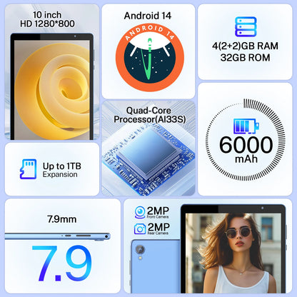 Latest Android 14 Tablet, 10-inch Tablet, Quad-core Processor, 5G WiFi, 4GB ROM + 32GB RAM, 1280*800 Resolution, 8000mAh Battery.