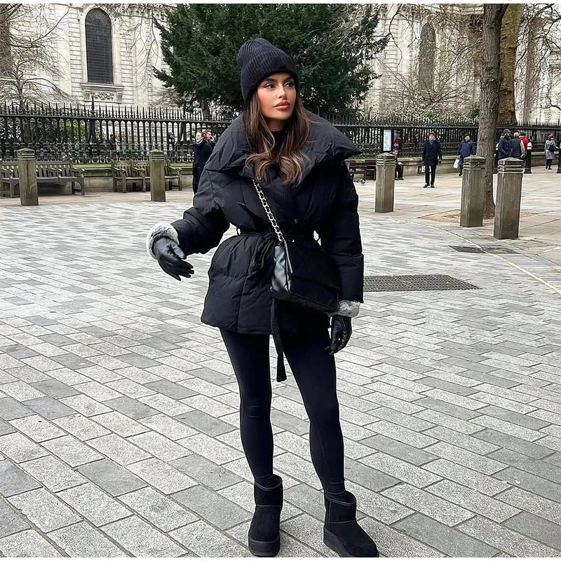 Fashion Lace Up Baumwolle Mantel Frauen Feste Revers Casual Langarm Tasche Lose Warme Kurze Mäntel Dame Winter Neue Straße Oberbekleidung