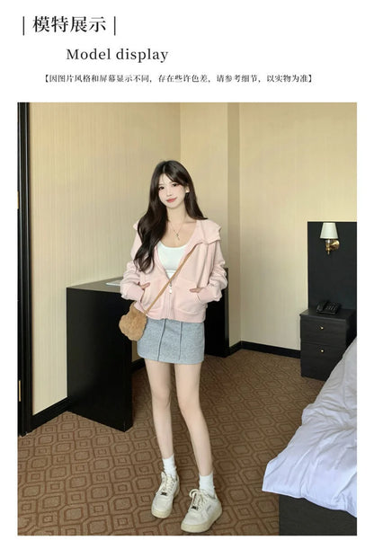 Frühherbstliche, schicke, lässige Kapuzenjacke, schmale Passform, langärmeliges, kurzes Oberteil, warme Strickjacke mit Reißverschluss, koreanischer Stil, Kapuzenpullover.