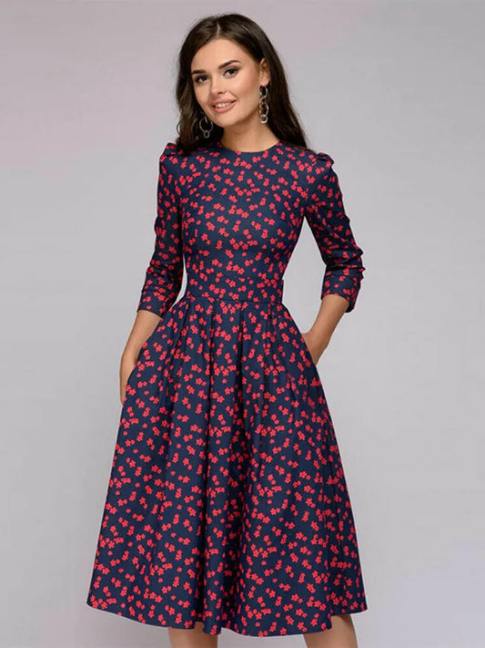 Vintage plissierten tunika druck kleid frauen Elegante damen A linie kleider langarm weibliche herbst mixi party kleid vestidos
