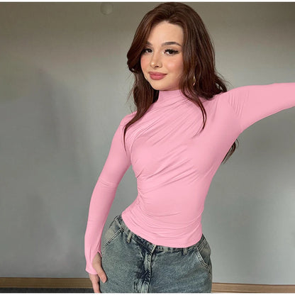 Turtleneck Women Tees Sexy Slim Long Sleeve Pleated All-match Basic Lady T-shirts Spring Autumn Fashion Chic Female Top 2025.
