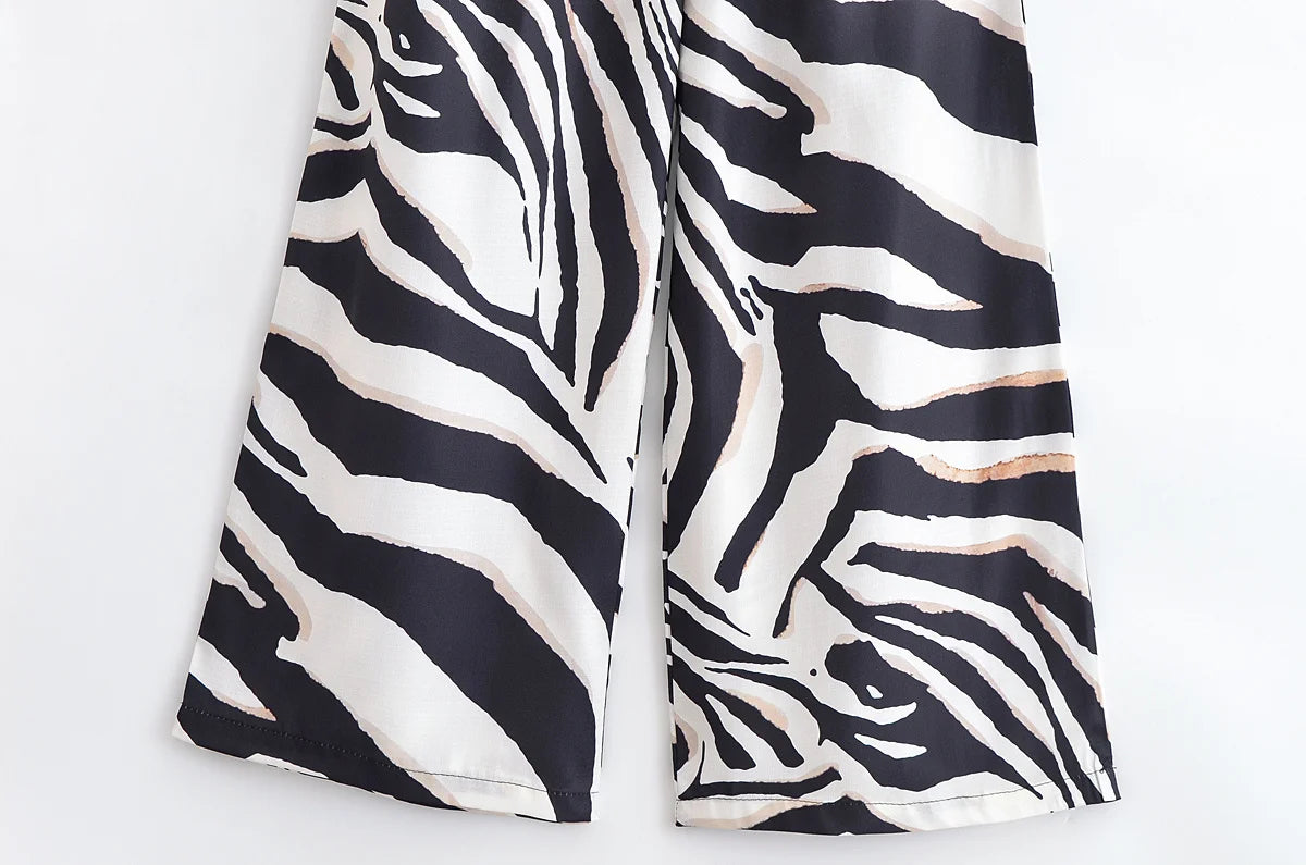 HH Women Pants Suit Fashion Zebra Stripes Single Breasted Sexy Sleeveless V-Neck Top+High Waist Zipper Casual Wide Leg Pants