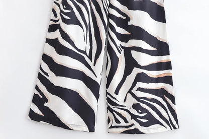 HH Women Pants Suit Fashion Zebra Stripes Single Breasted Sexy Sleeveless V-Neck Top+High Waist Zipper Casual Wide Leg Pants