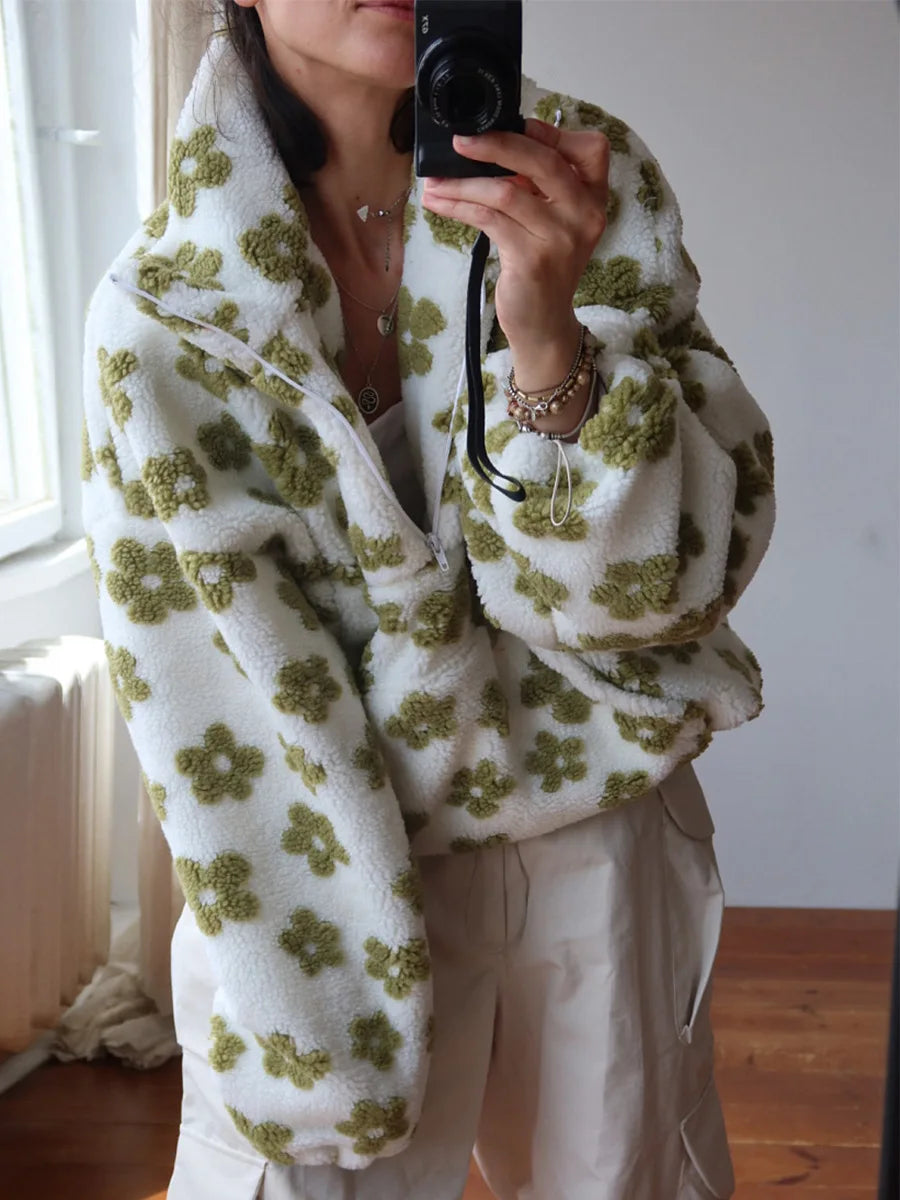 Sumuyoo Autumn Winter Women's Sherpa Floral Pullover Hoodies Half Zip Style Loose Fit Warm Stylish New Sweatshirt.