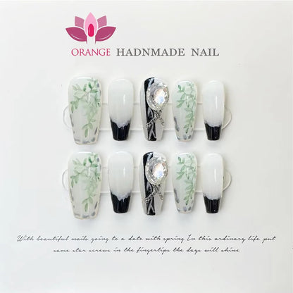 Handmade Fake Nails With Rhinestones Coffin Press On Nails French Manicuree Wearable Full Cover False Nail Tips With Designed.