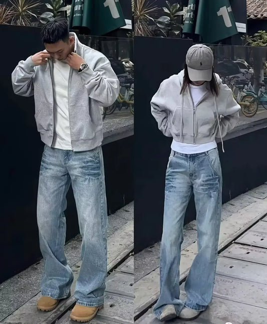 American Vibe style retro washed summer new jeans for men and women Instagram fashion brand high street loose straight leg pants.
