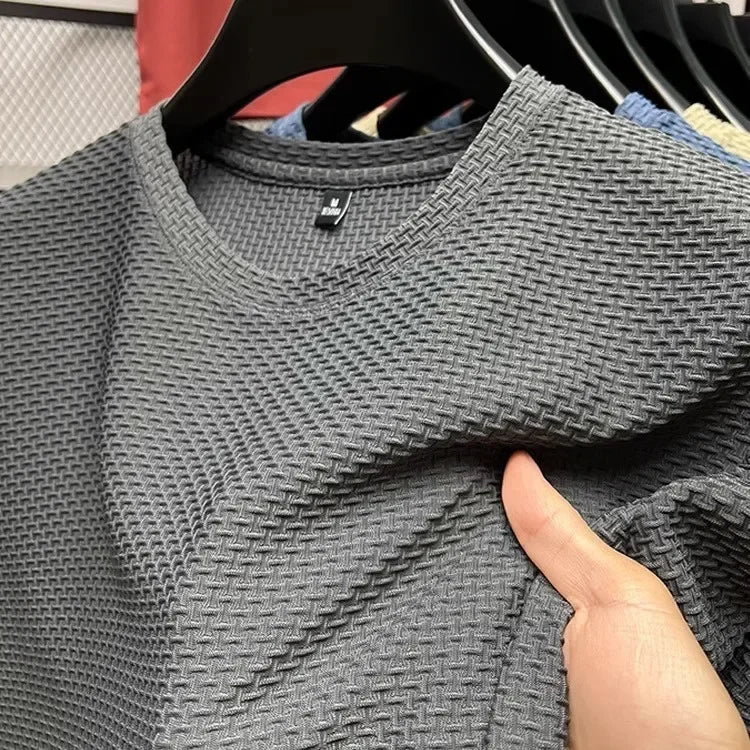 Men's Short Sleeve Mesh Bamboo Ice Silk T-shirt Casual Versatile Summer Elastic Slimming Top for Men.