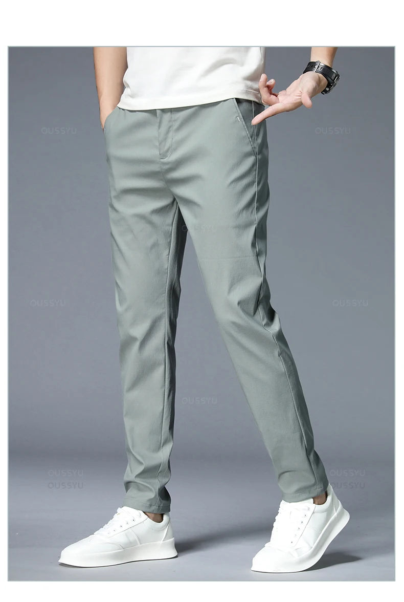 Spring Summer Casual Pants Men Thin Stretch Slim Fit Elastic Waist Business Classic Korean Trousers Male Khaki Gray 38.