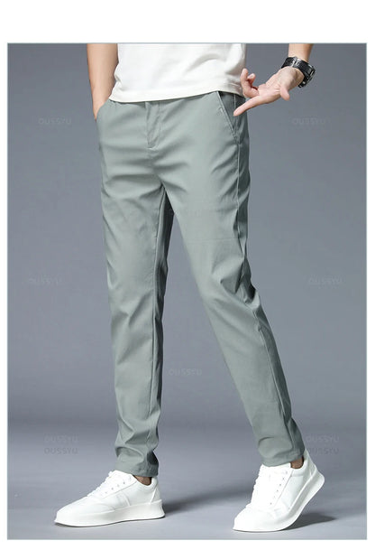 Spring Summer Casual Pants Men Thin Stretch Slim Fit Elastic Waist Business Classic Korean Trousers Male Khaki Gray 38.