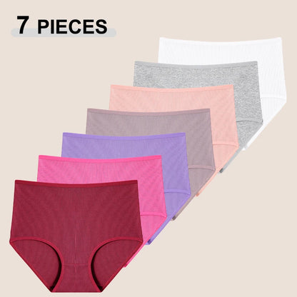 7Pcs Women's Cotton Panties Solid Color Plus Size Briefs Female Mid Waist High Elastic Underwear Cozy Breathable Lingerie S-2XL