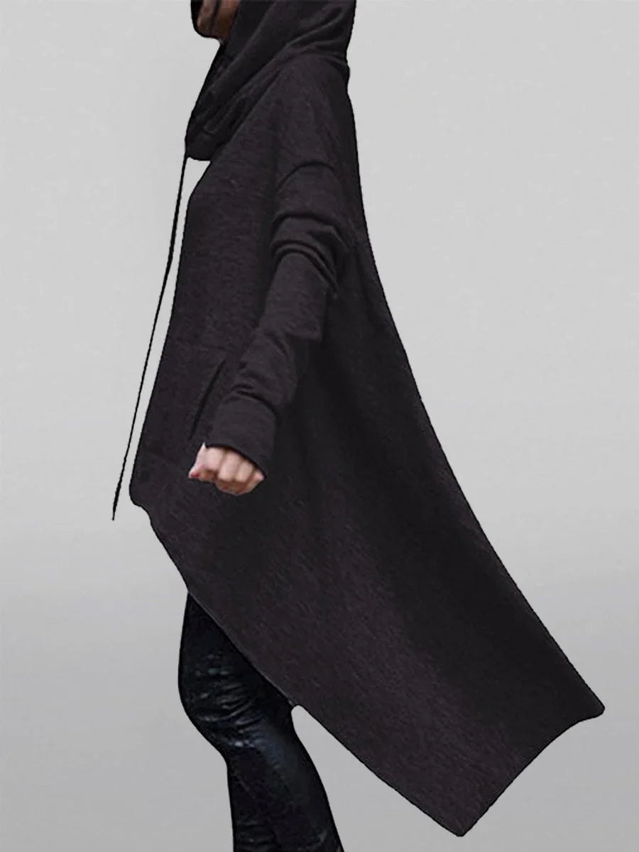 Damen-Kapuzenpullover in Übergröße mit Taschen, asymmetrischem Saum, klassisches Retro-Schwarz-Pullover-Sweatshirt, Frühling/Herbst, dunkelschwarzer Kapuzenpullover.