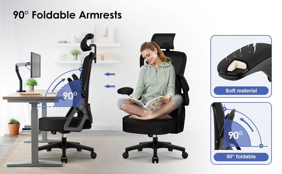 AUTHMIC Ergonomischer Bürostuhl – faltbare Armlehnen, verstellbare Rückenlehne, verstellbare Kopfstütze, verstellbare Lendenwirbelsäule, maximale Belastung 150 kg,