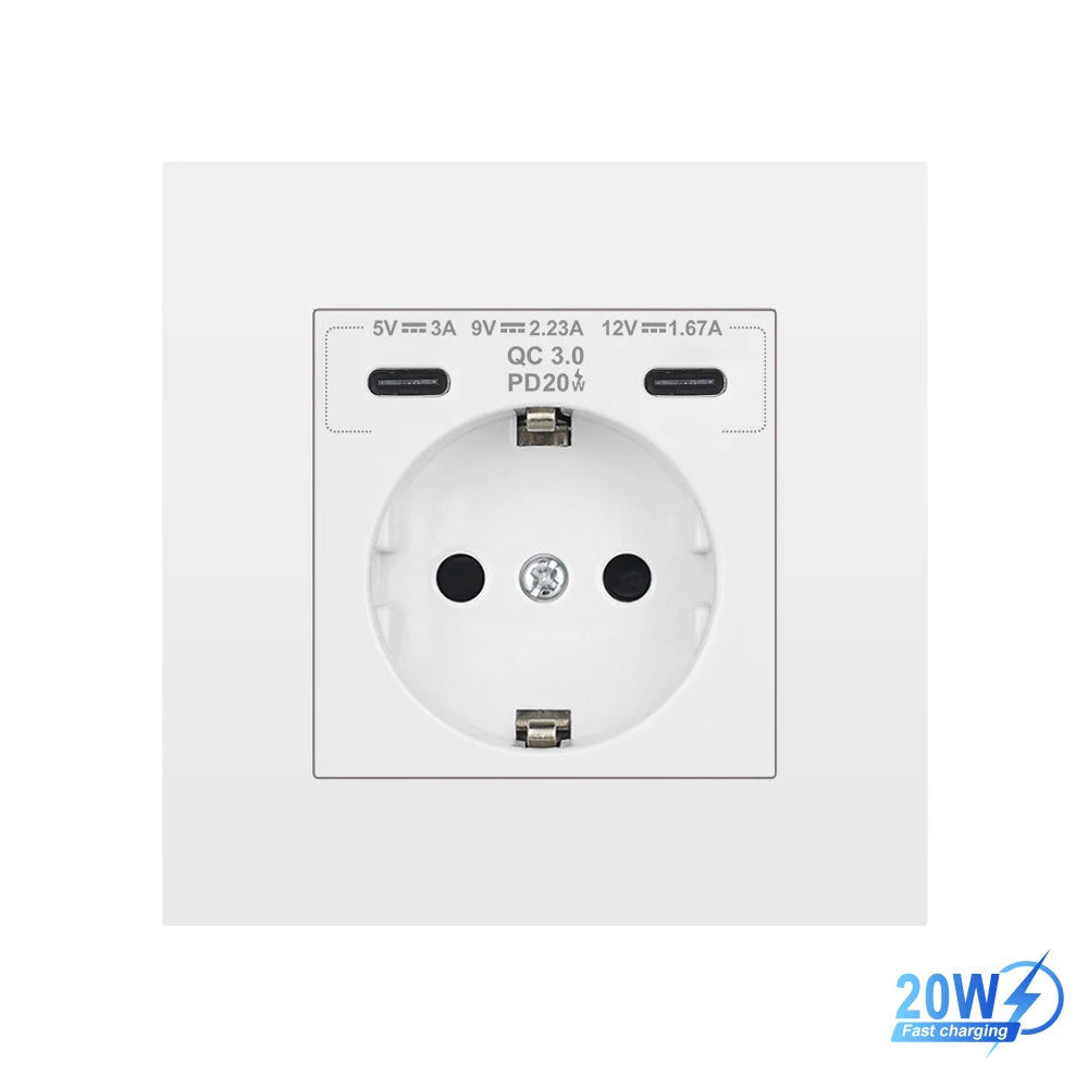 SRAN EU-Standard-Wandsteckdose mit USB und Typ-C 20 W Schnellladung, 5 V/2 A Doppelanschlüssen, 86 x 86 mm flammhemmendes Panel, CE-zertifiziert