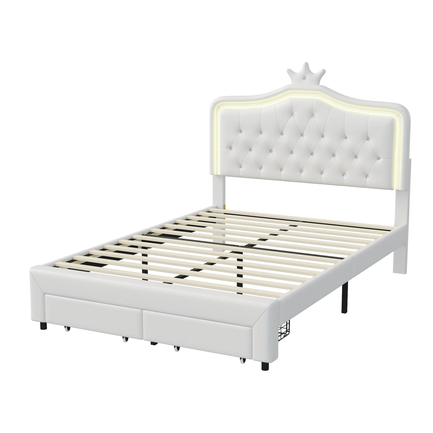 Rosahqnda Kinderbett, gepolsterter Bettrahmen, Krone, Kopfteil, Schubladenschrank, verstellbare Kopfteil-Lederoberfläche