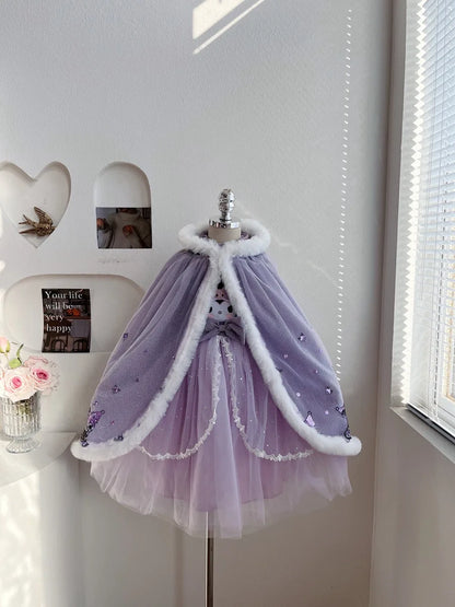 Anime Kuromi Lolita Kleid und Umhang Set Strickpullover Spleißen Mesh Prinzessin Kleid Partykleid Herbst Winter Urlaub Geschenk