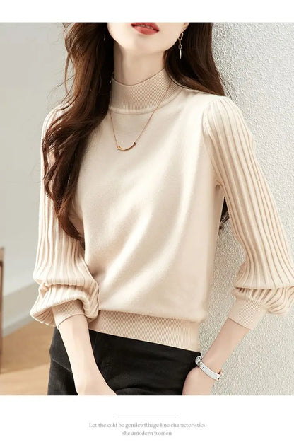 Women Half High Collar Base Sweater Autumn And Winter Casual Solid Knitted Tops Pit Stripe Long Sleeved Pullover Sweaters.
