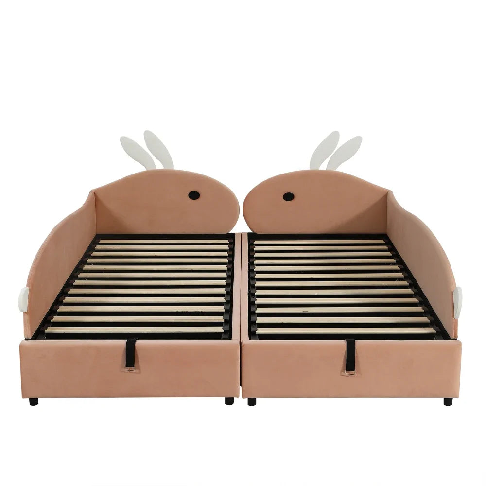 Polsterbett, Einzelbett, Babybett, niedlicher Hasenkopf, hydraulisches Bett mit Stauraum, erhöhter weicher Zaun, Samt, rosa + weiß, 90 x 200 cm