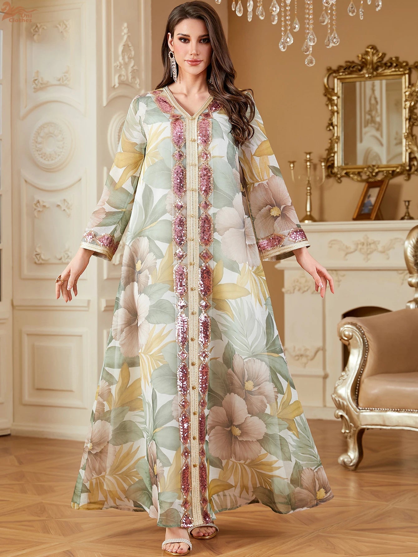 Ramadan Dubai Floral Print Long Dress Sequins Patchwork Abayas Mesh Kebaya For Muslim Women's Casual Loose Clothing.
