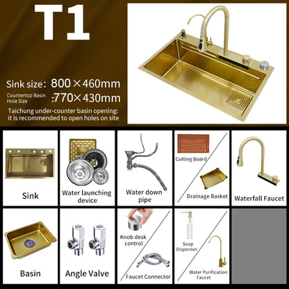 YCRAYS Golden Nano Multifunctional Kitchen Sink 4 Mode Waterfall Faucet Large Single Bowl Soap Dispenser Pure Tap Cup Washer