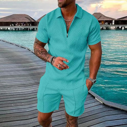 Casual Mesh Lapel short-sleeved Pullover + Shorts Solid Thin Sportswear set, Black suit, men's Sportswear T-shirt Set.