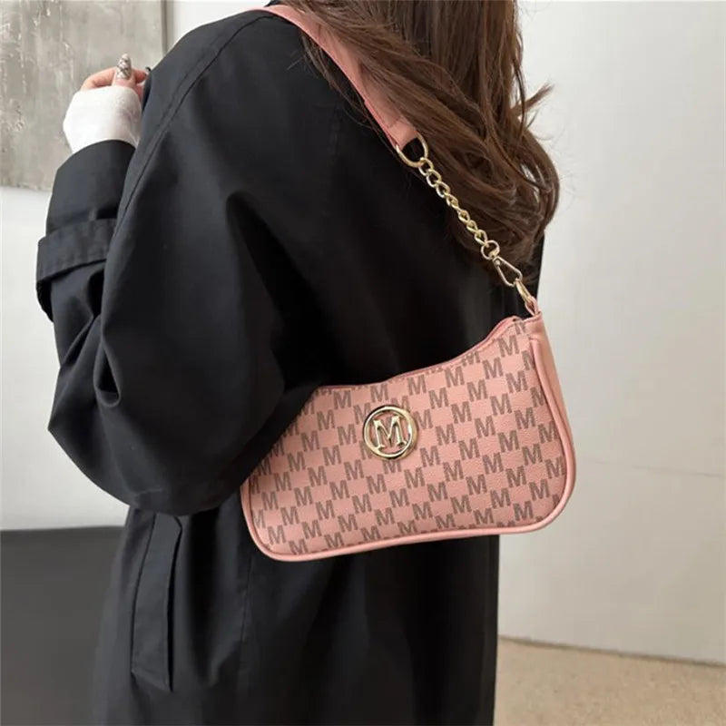 Vintage Style Handbag Crossbody Bag, Gold Letter 'M' Design Pu Leather Shoulder Messenger Bag, Synthetic Leather Tote Bag, Purse.