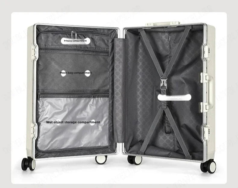 Vorne öffnender Rollgepäckkoffer mit großer Kapazität, Aluminiumrahmen, ABS + PC-Trolley, Koffer, USB-Lade-Boarding-Koffer.