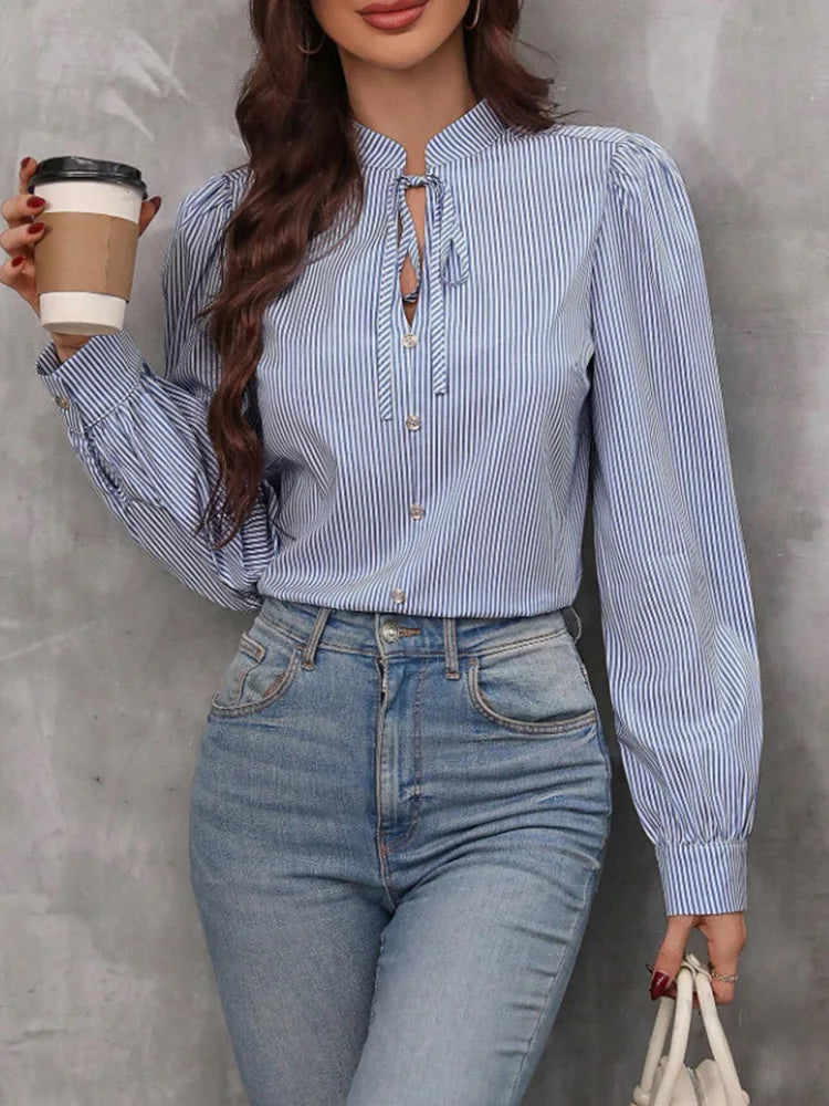 Women V-Neck Button Down Long Sleeve Top Solid Color Striped Shirt Office Lady Work Clothes.