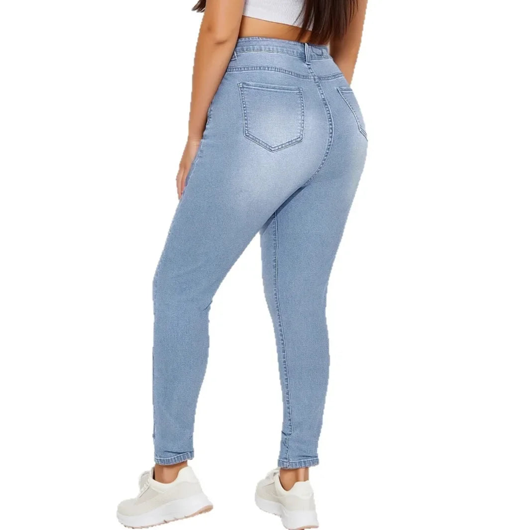 Classic Elastic Slim Fit Denim Jeans Mid Waist Cotton Blue Jeans Women's plus Size Jeans Fashionable Versatile Light Blue.