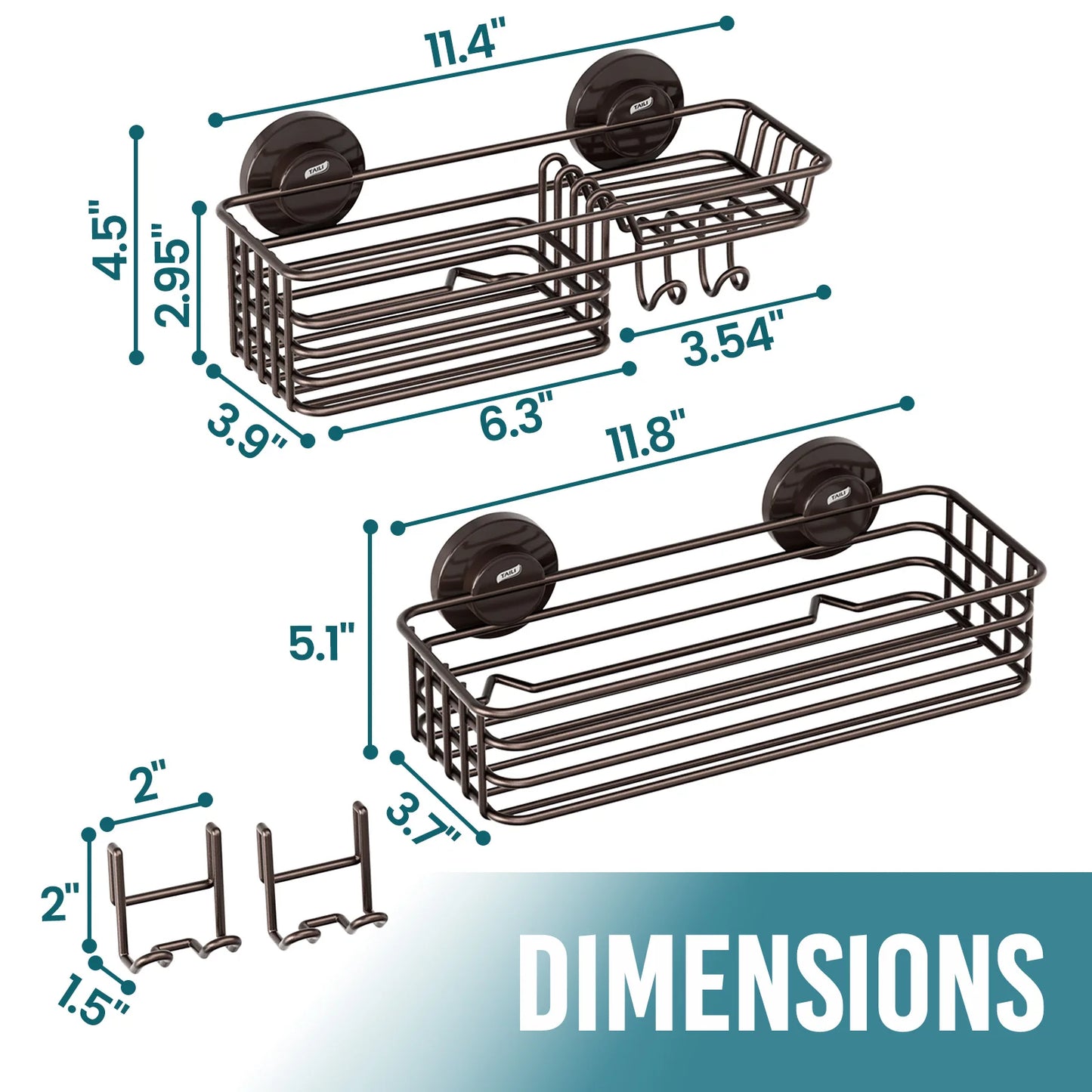 TAILI Dusch-Caddy mit Saugnapf, 2er-Pack mit Haken und Seifenhalter, robuster Badezimmer-Dusch-Organizer, ohne Bohren von Duschregalen