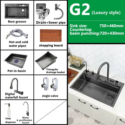 Waterfall Sink Kitchen Stainless Steel Topmount Sink Large Single Slot Wash Basin With Multifunction Touch Waterfall Faucet