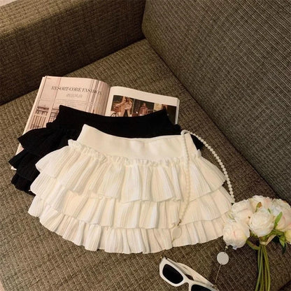 Sweet Puffy Cake Women Skirts Korean Fashion Ruched Ruffle Mini Skirt Campus Harajuku Casual Versatile Elastic Waist Solid Skirt.