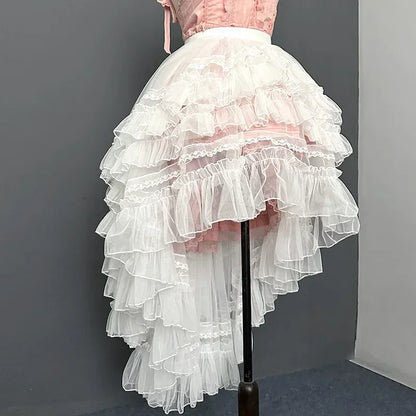 Gothic Lolita Layered Underskirt Sweet Princess Mesh High Low Ruffled Skirt for Women.