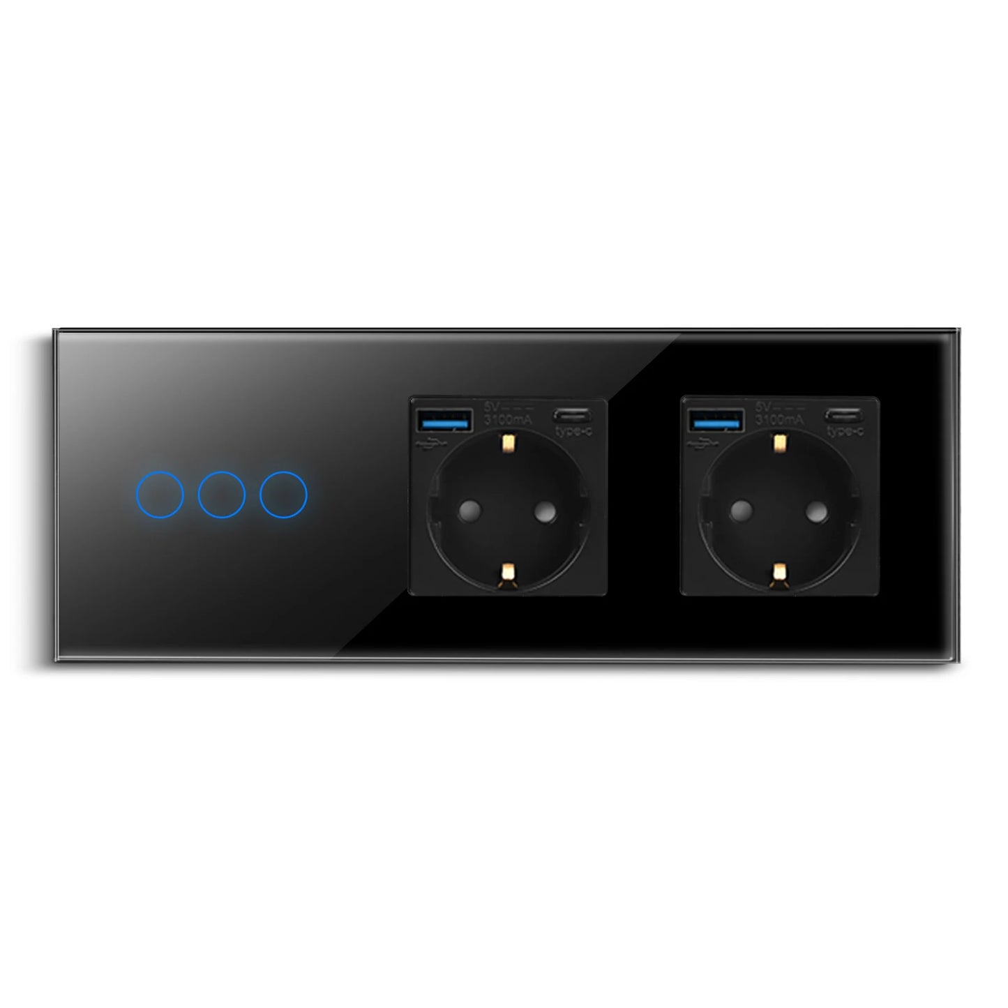 Bingoelec Wandsteckdose, Touch-Lichtschalter mit USB, 20 W, Typ C, Schnellladesteckdose, Glasscheibe, EU-Standard-Steckdosen