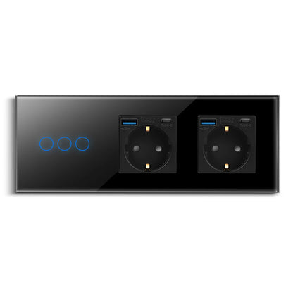 Bingoelec Wandsteckdose, Touch-Lichtschalter mit USB, 20 W, Typ C, Schnellladesteckdose, Glasscheibe, EU-Standard-Steckdosen