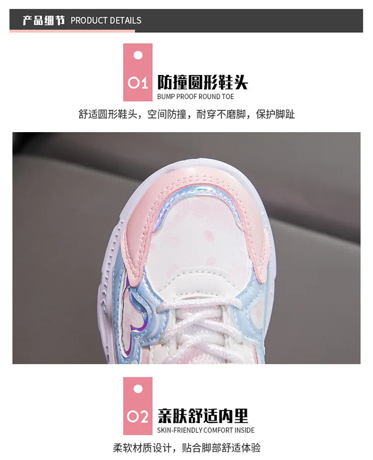 Disney Girls' Casual Shoes Frozen Priness Elsa Sneakers Mesh Leather White Breathable Sole Children's Sport Shoes Size 26-37