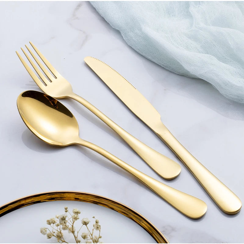 24pcs Golden Tableware Set Light Luxury Stainless Steel Cutlery Fork Knife Spoon Dinnerware Set Minimalist Decor with Gift Box.