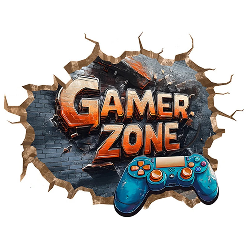 Larger Game Poster 3D Wall Hole Art Cool Gamer Zone Gamepad Vinyl Mural Stickers Home Decoration for Kids Bedroom Gaming Rooms