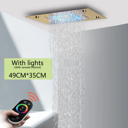 Brushed Ceiling Shower Head with LED Lights 36*50cm Large Rainfall Faucet Bathroom Tap Stainless Steel Smart Square Sprayer
