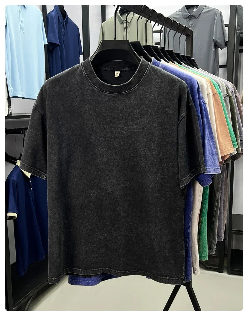 Personality washed vintage short sleeve T-shirt high-end 100% pure cotton men fashion round neck comfort lightweight casual top
