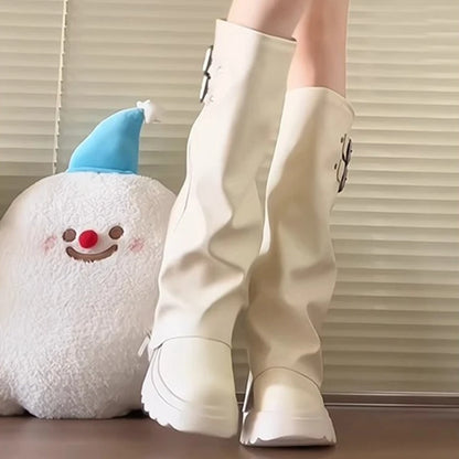 Punk Style Splicing Thick Bottom Women Knee-High Boots Fashion Zipper Female Pleated Knight Long Booties Shoes.