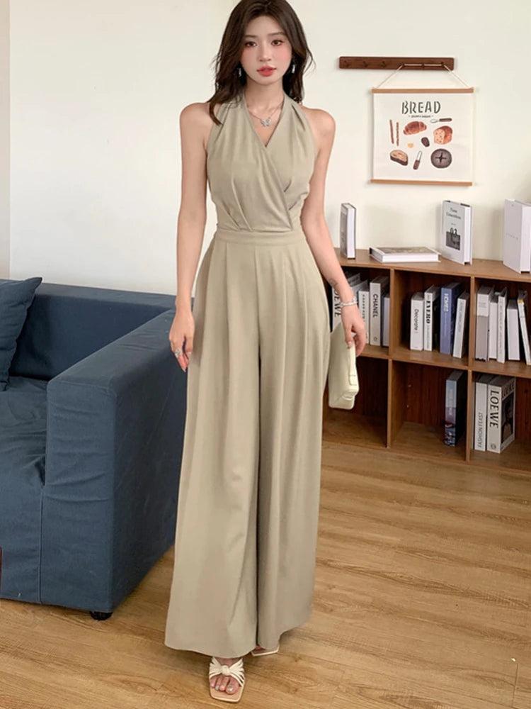 Korean Fashion Sleeveless Slim Jumpsuit For Women Office OL Elegant Sexy Backless High Waist Wide Leg Rompers 2025 New Summer.