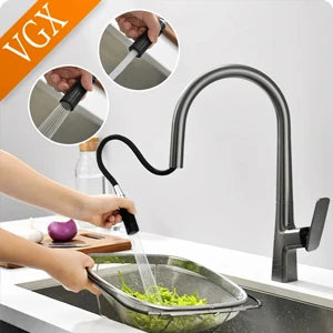 VGX Brushed Kitchen Faucet Sink Faucets Rubber Pull Down Stream Sprayer Taps Rotatable Kitchen Mixer Water Tap Hot Cold Crane