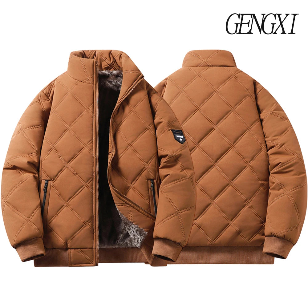 New Windproof Thermal Diamond-Quilted Cotton Jacket Winter Men's Fleece-Lined Thickened Cuff Design Stand-Up Collar Jacket.