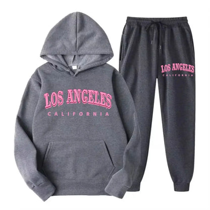Two Piece Set Street Womens Hoodie & Pants Fleece Pocket Loose Pullover Los Angeles California Print Clothes Fashion Sportswear.
