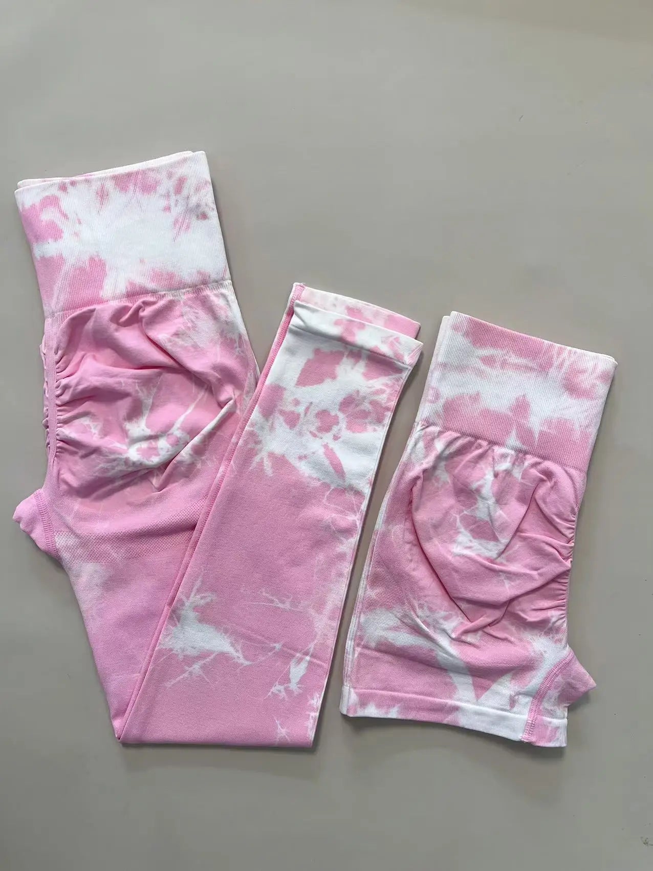 2 PCS Women Athletic Gym Leggings + Shorts Tie Dye Sports Workout Yoga Tights Butt Lifting Scrunch High Waist Yoga Pants.