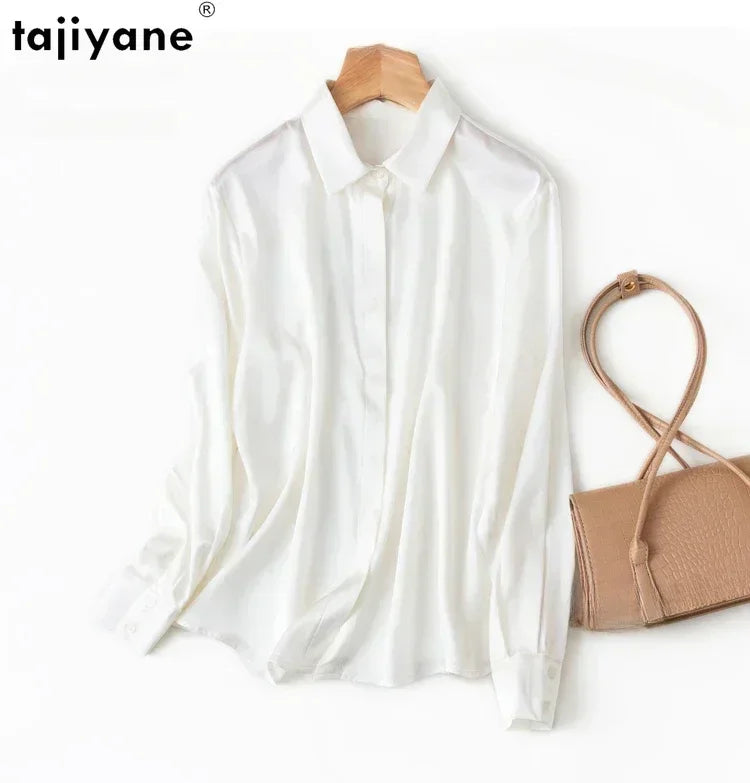 Tajiyane Damen-Langarmshirt aus 93 % Maulbeerseide, 7 % Elasthan, 19 Momme, Satin-Seidenknöpfe, Oberteil, Bluse, Büroarbeit, Chemise Femme